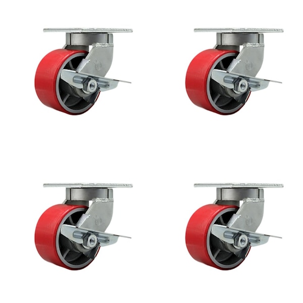 Service Caster 6'' Heavy Duty Red Poly on Cast Iron Swivel Caster Set with Brakes, 4PK CRAN-SCC-KP92S630-PUR-RS-SLB-4 - main